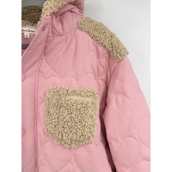 For Love And Lemons Jacket Pink Heart Puffer Coat Hooded Sherpa Trim Zip Up Sz M - Picture 6 of 12